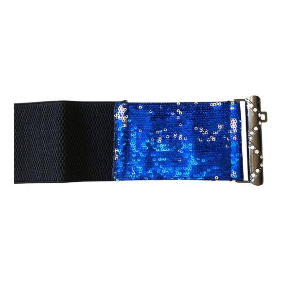 Oker NIP Women’s Blue Silver Sequin Elastic Waistband Rhinestones Buckle Belt - Picture 9 of 16